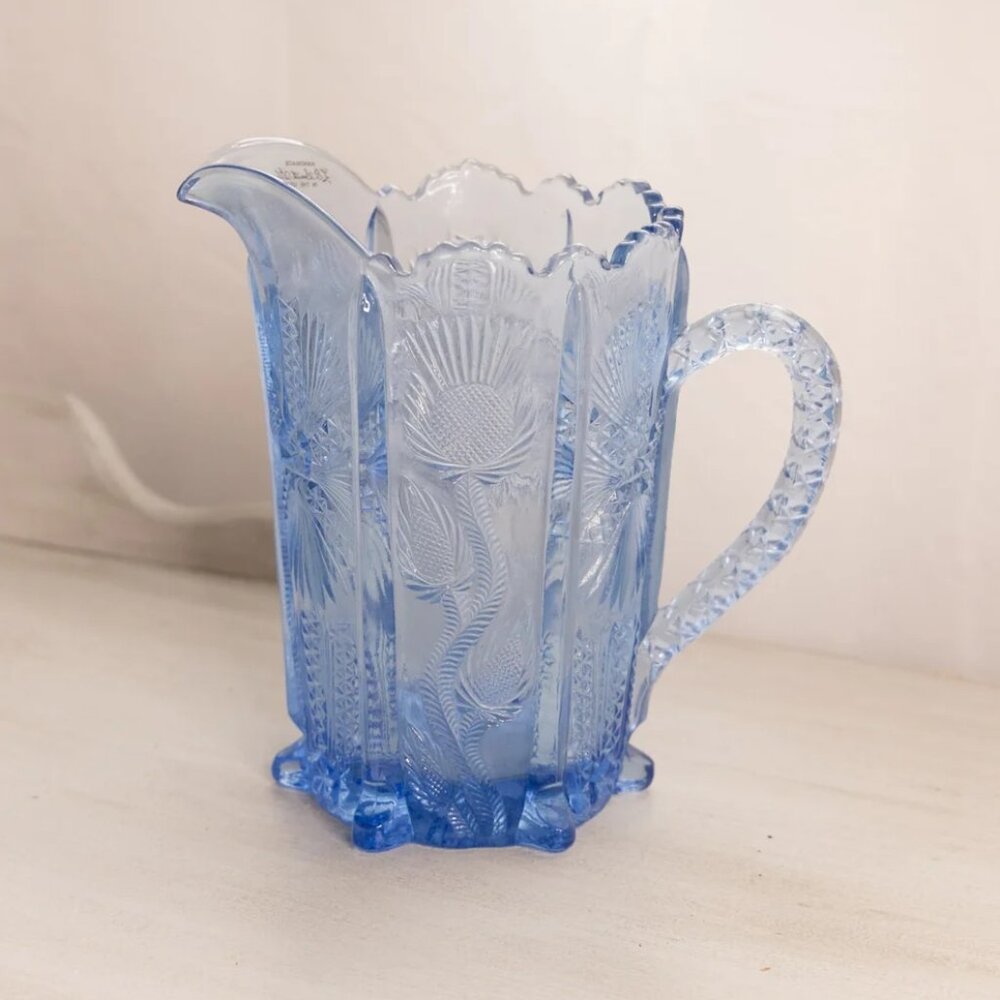 Vintage Medium LE Smith Blue Glass Thistle Pitcher